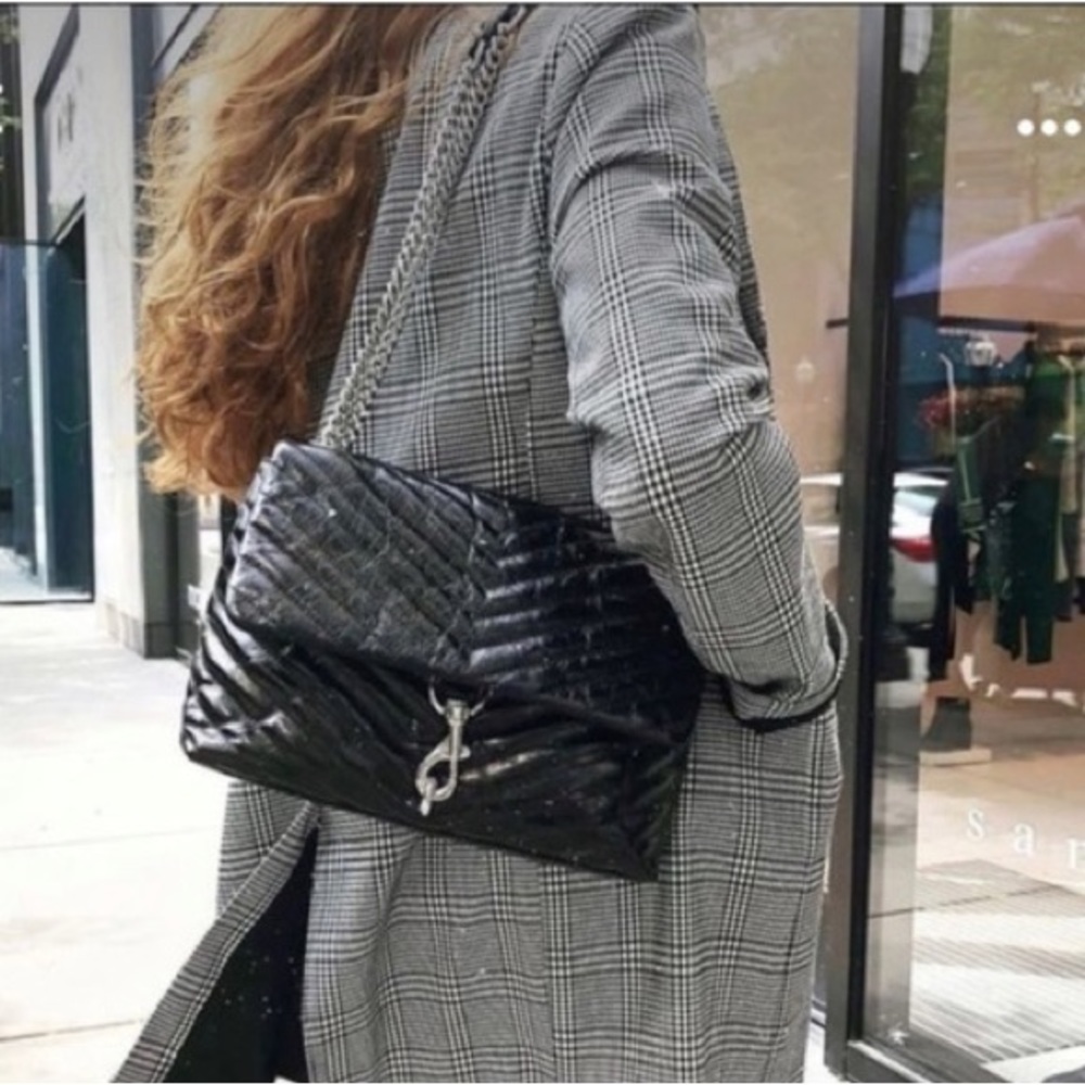 Rebecca Minkoff Edie Flap Shoulder Bag (Textured Black with Silver metal)